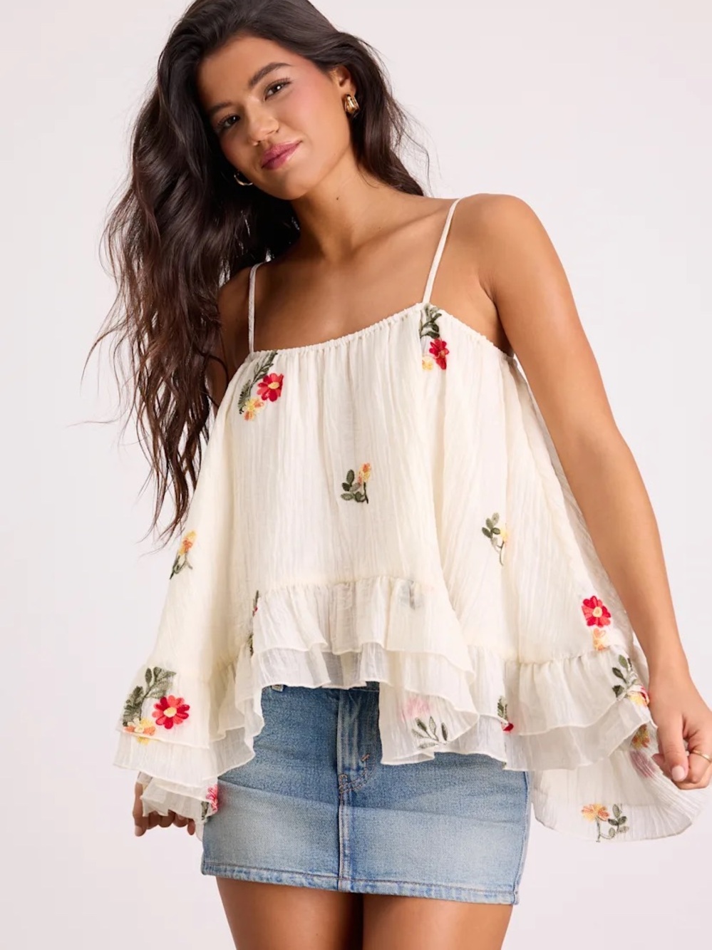 Lulu’s River Cream Floral Embroidered Ruffled Tank Top Sz M